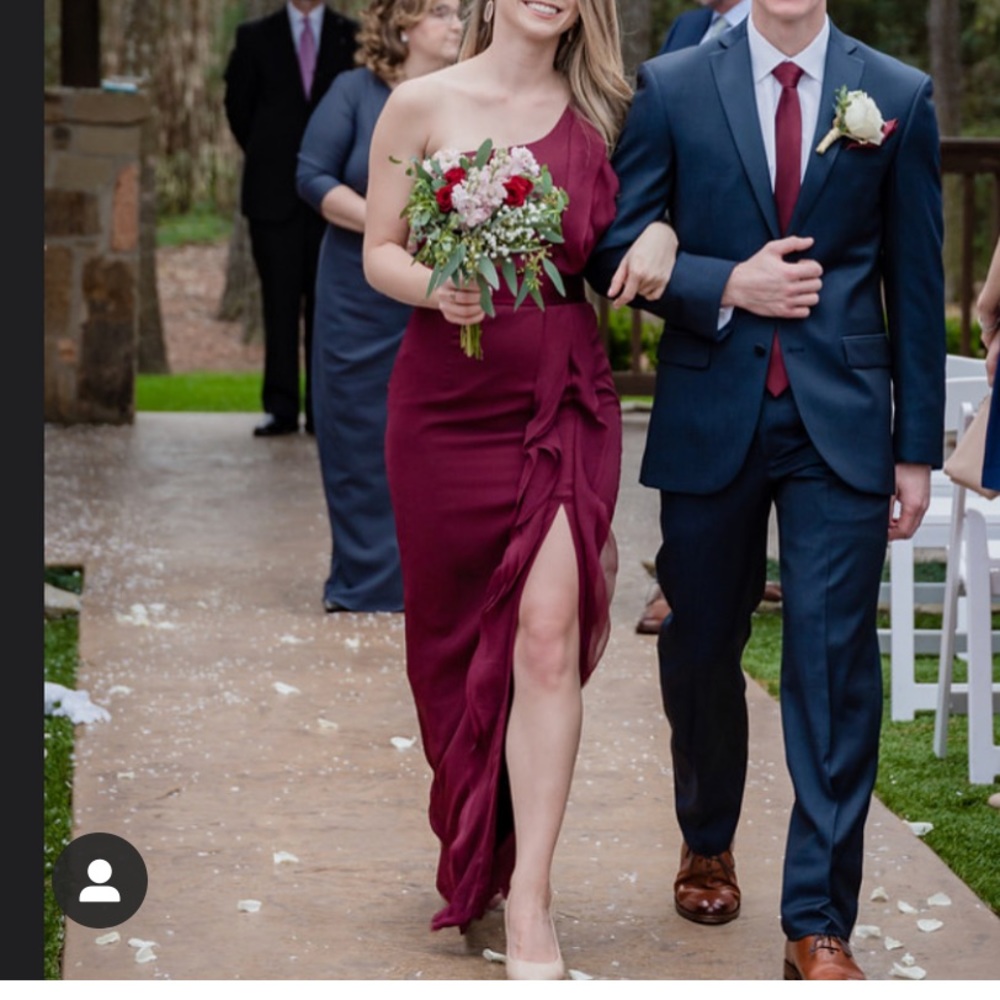 Long one shoulder Vera wang bridesmaid ruffle wine